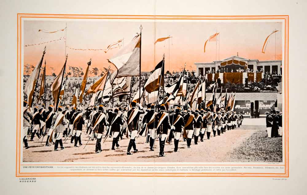 1913 Color Print German Student Corps Studentenverbindung Parade Flags Germany