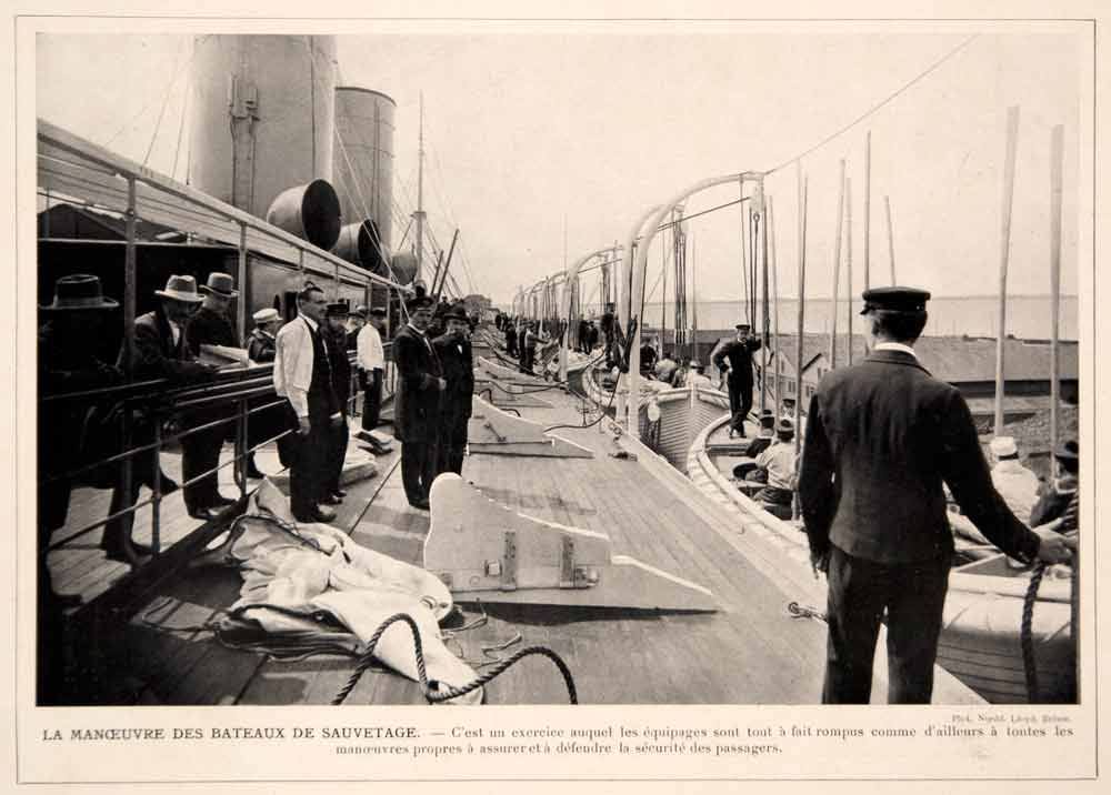 1914 Print Lifeboat Drill Deck Ship Norddeutscher North German Lloyd NDL Crew
