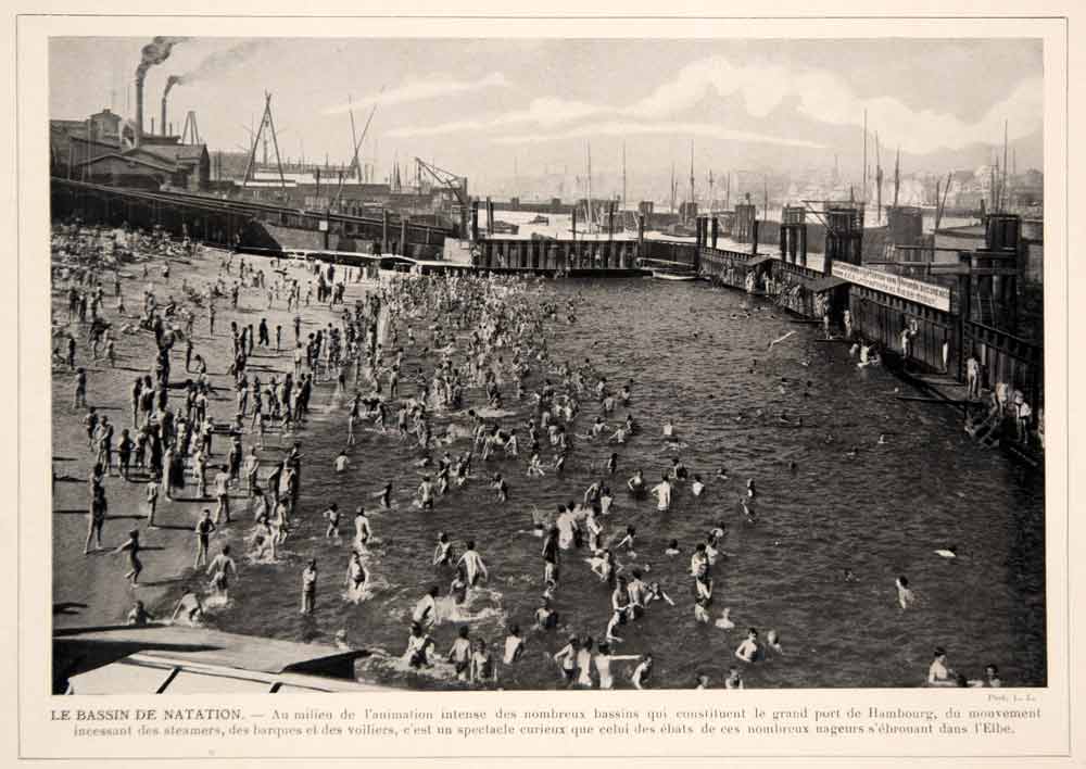1914 Print Hamburg Germany Swimming Beach Swimmers German Port People Historic