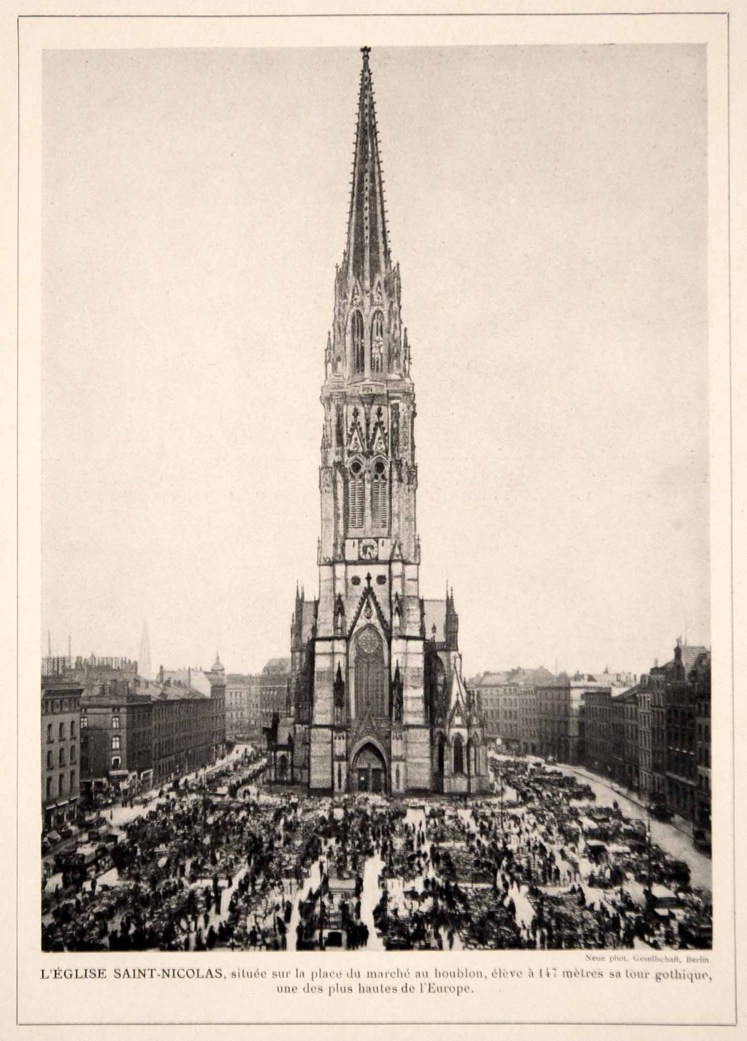 1914 Print Hamburg Germany St. Nikolai-Kirche Nicolas Church Cityscape Market