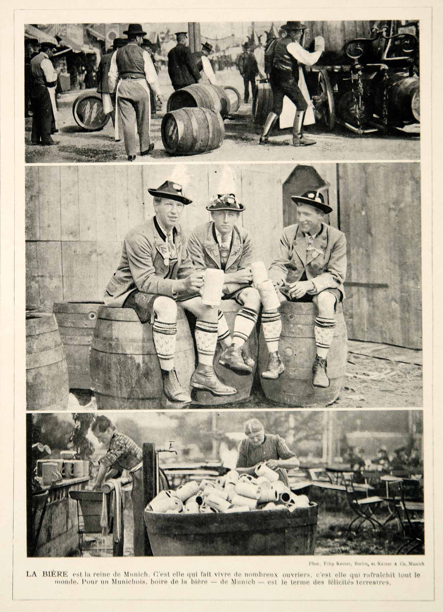 1914 Print Munich Germany Biergarten Beer Garden Steins Barrels Bavaria Costume