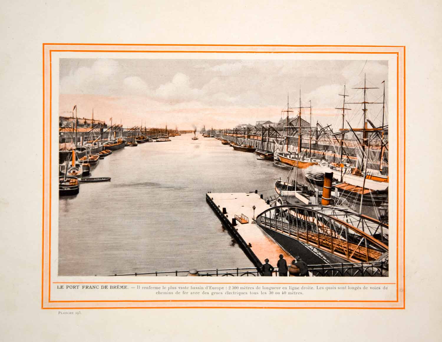 1914 Color Print Bremerhaven Free Port of Bremen Germany River Weser Shipping