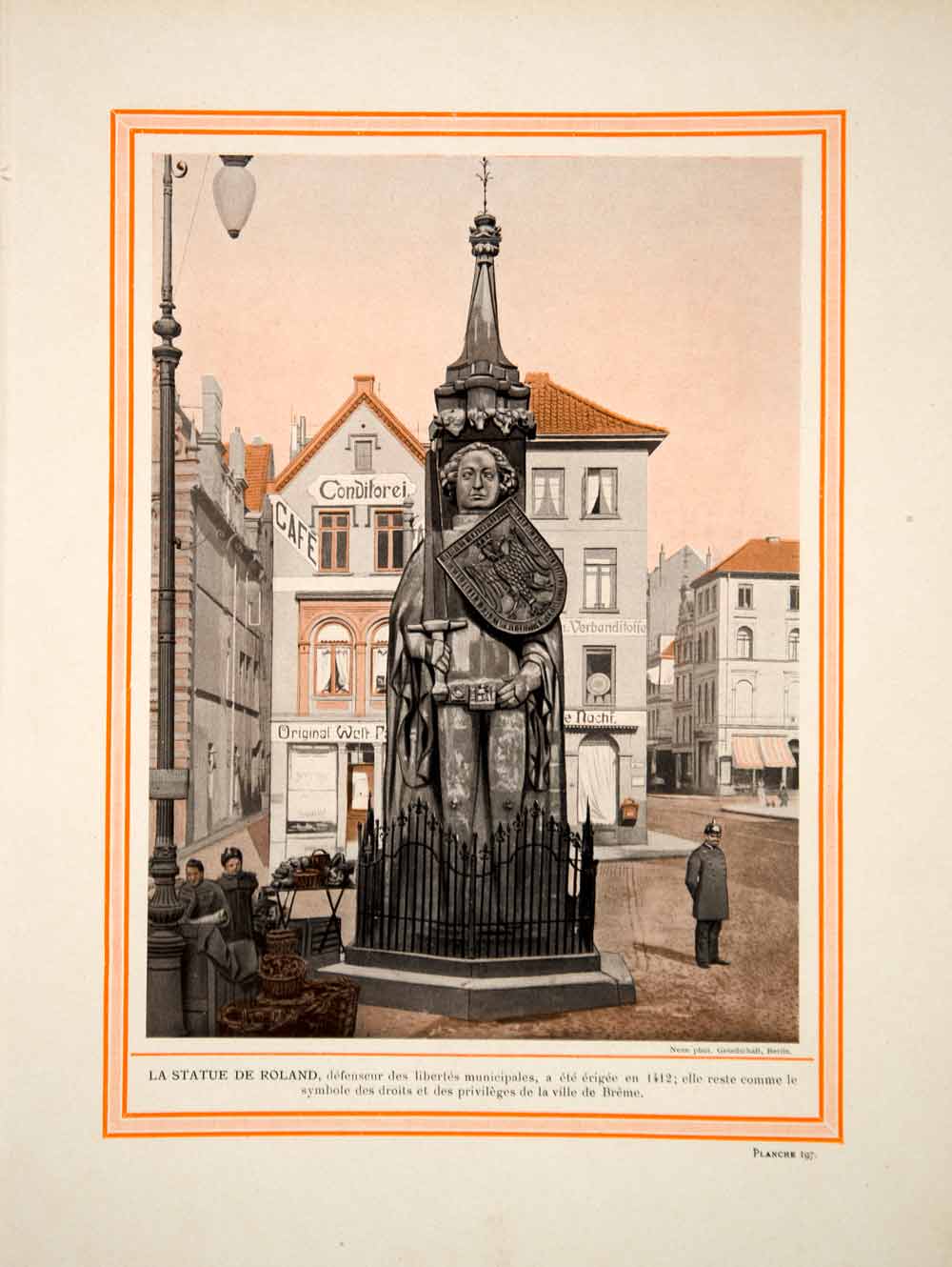 1914 Color Print Roland Bremen Germany Statue Rathausplatz Legendary Figure