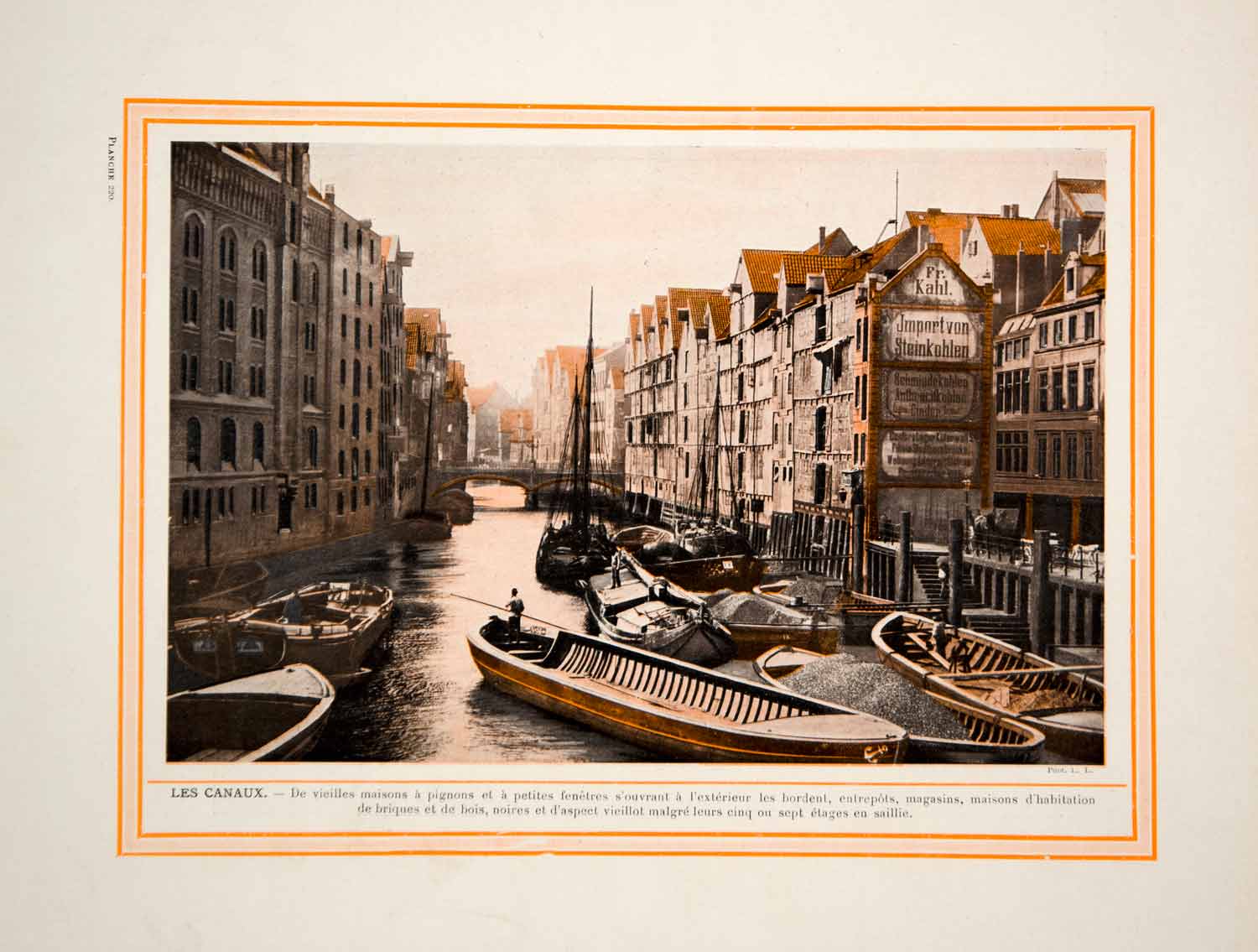 1914 Color Print Hamburg Germany Canal Boats Cityscape Architecture Historic