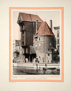 1914 Color Print Gdansk Poland Danzig Crane Krahntor City Gate City Landmark
