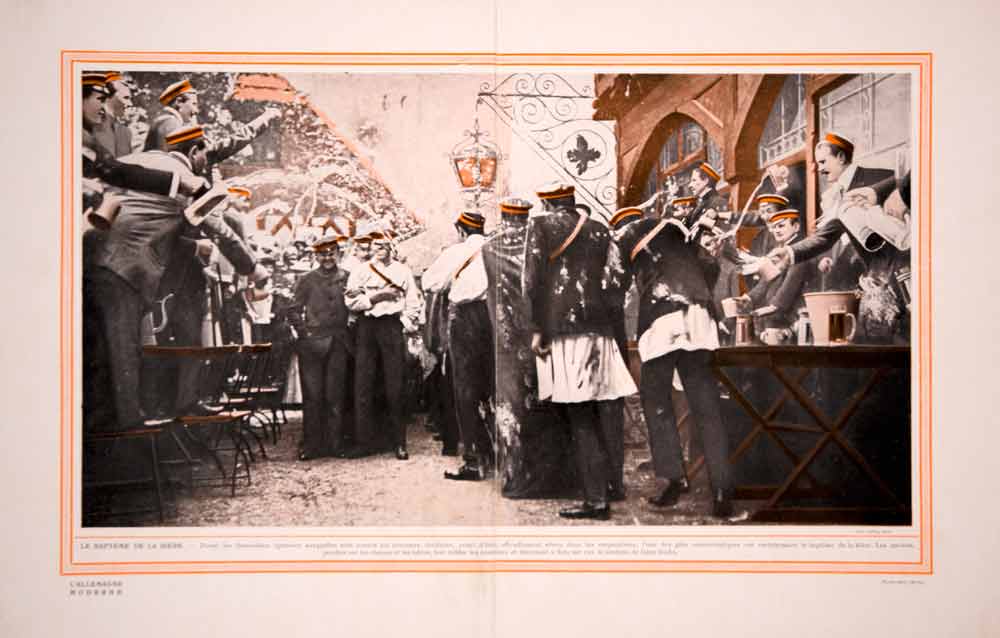 1914 Color Print German University Students Party Beer Baptism Tradition Germany