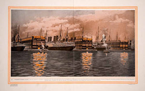 1914 Color Print Norddeutscher Lloyd North German Ocean Liner Ship Piers Bremen