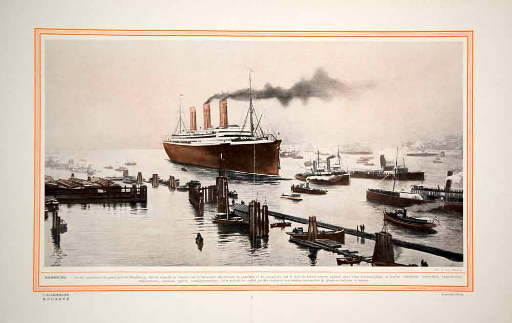 1914 Color Print Hafen Hamburg Germany Port Harbor Ocean Liner Boats Tugboats