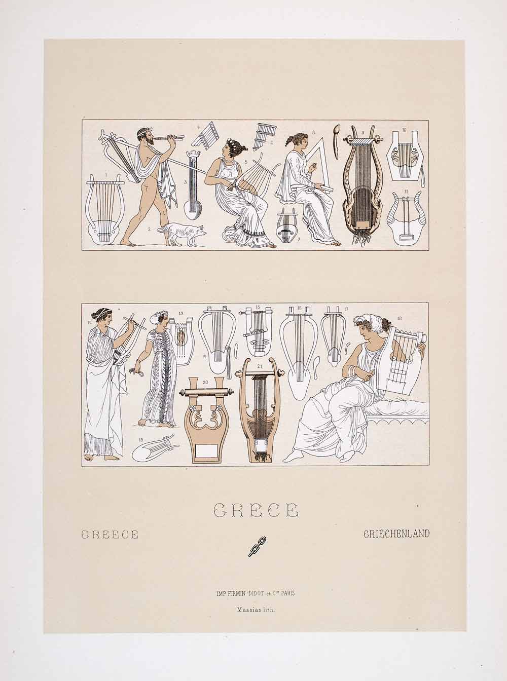 1888 Chromolithograph Ancient Greece Lyre Lute Harp Music Panpipe Costume LCH1