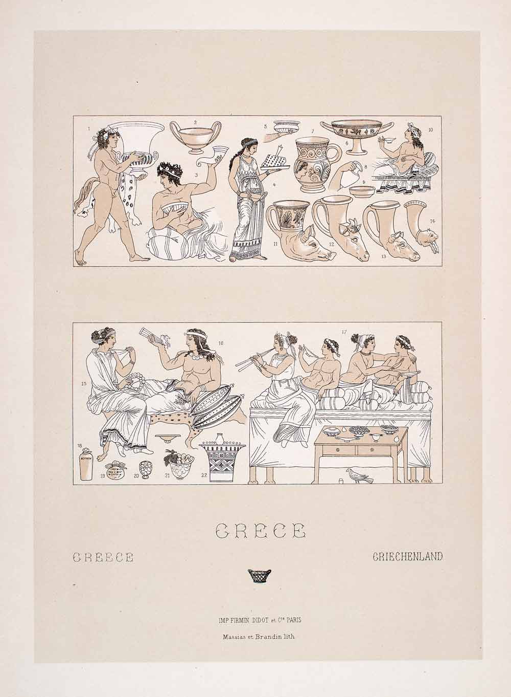 1888 Chromolithograph Ancient Greece Kylix Rython Symposium Nude Ritual LCH1