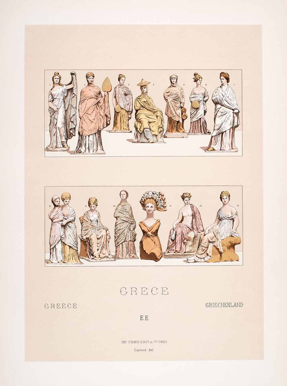 1888 Chromolithograph Ancient Greece Statue Sculpture Women Fashion Nude LCH1