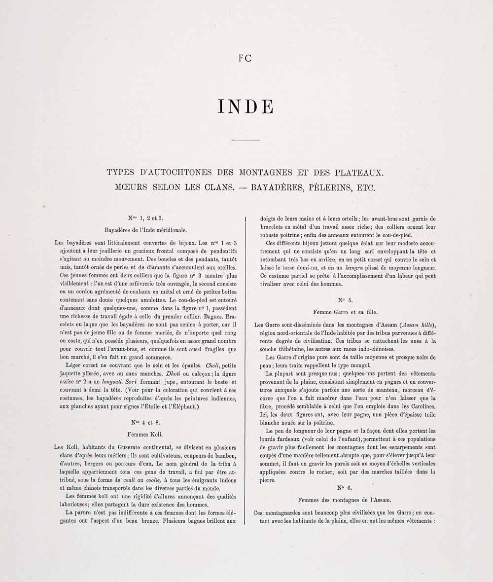 1888 Chromolithograph India Costume Garro Koli Manipuri Assam Bayadere LCH2