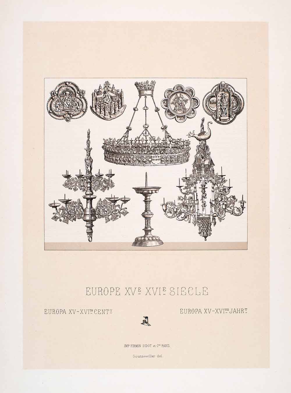 1888 Chromolithograph Religious Chandelier Candlestick Flemish Renaissance LCH2