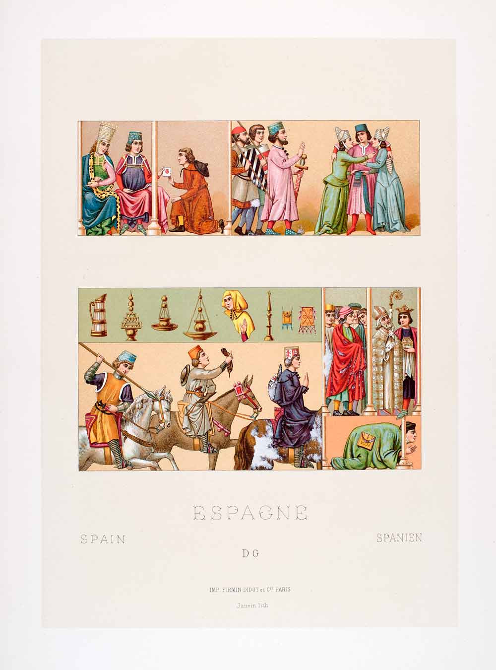 1888 Chromolithograph Spain Costume Fashion Alfonso X Castile 13th Century LCH2