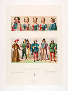 1888 Chromolithograph Medieval French Nobility Costume Historical Figures LCH3