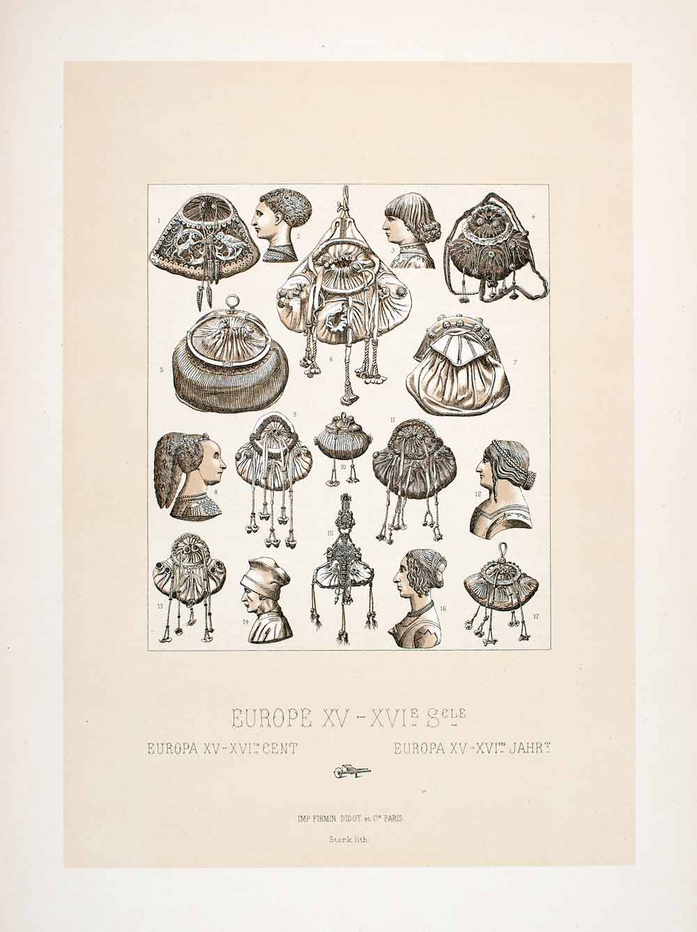 1888 Chromolithograph 15th Century Purse Hairstyle Italian Artifact Fashion LCH3