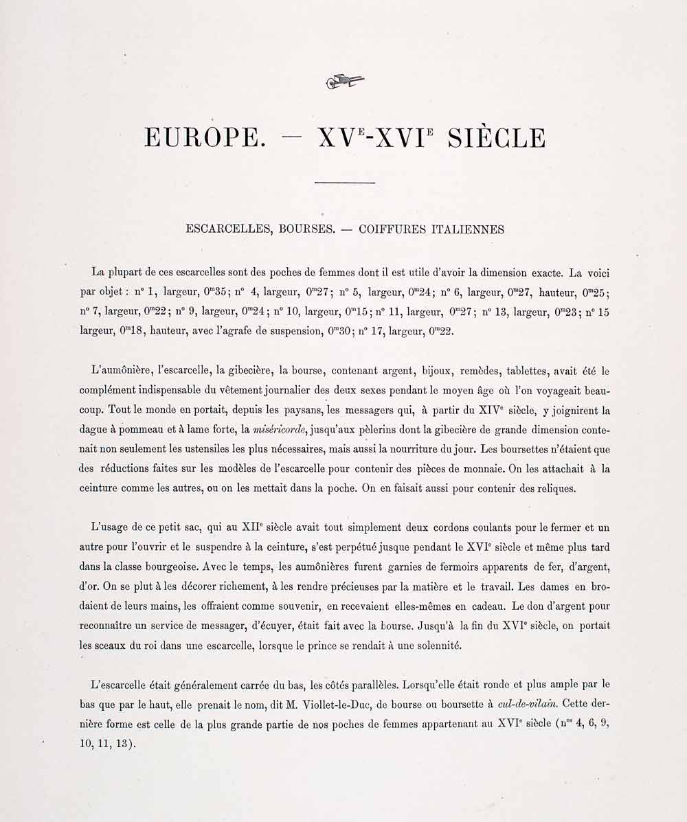 1888 Chromolithograph 15th Century Purse Hairstyle Italian Artifact Fashion LCH3