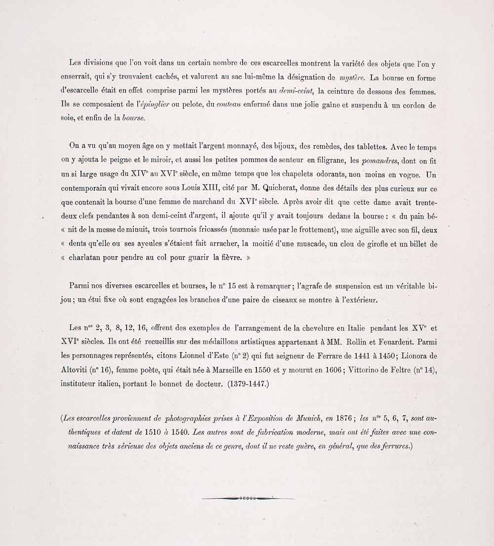 1888 Chromolithograph 15th Century Purse Hairstyle Italian Artifact Fashion LCH3