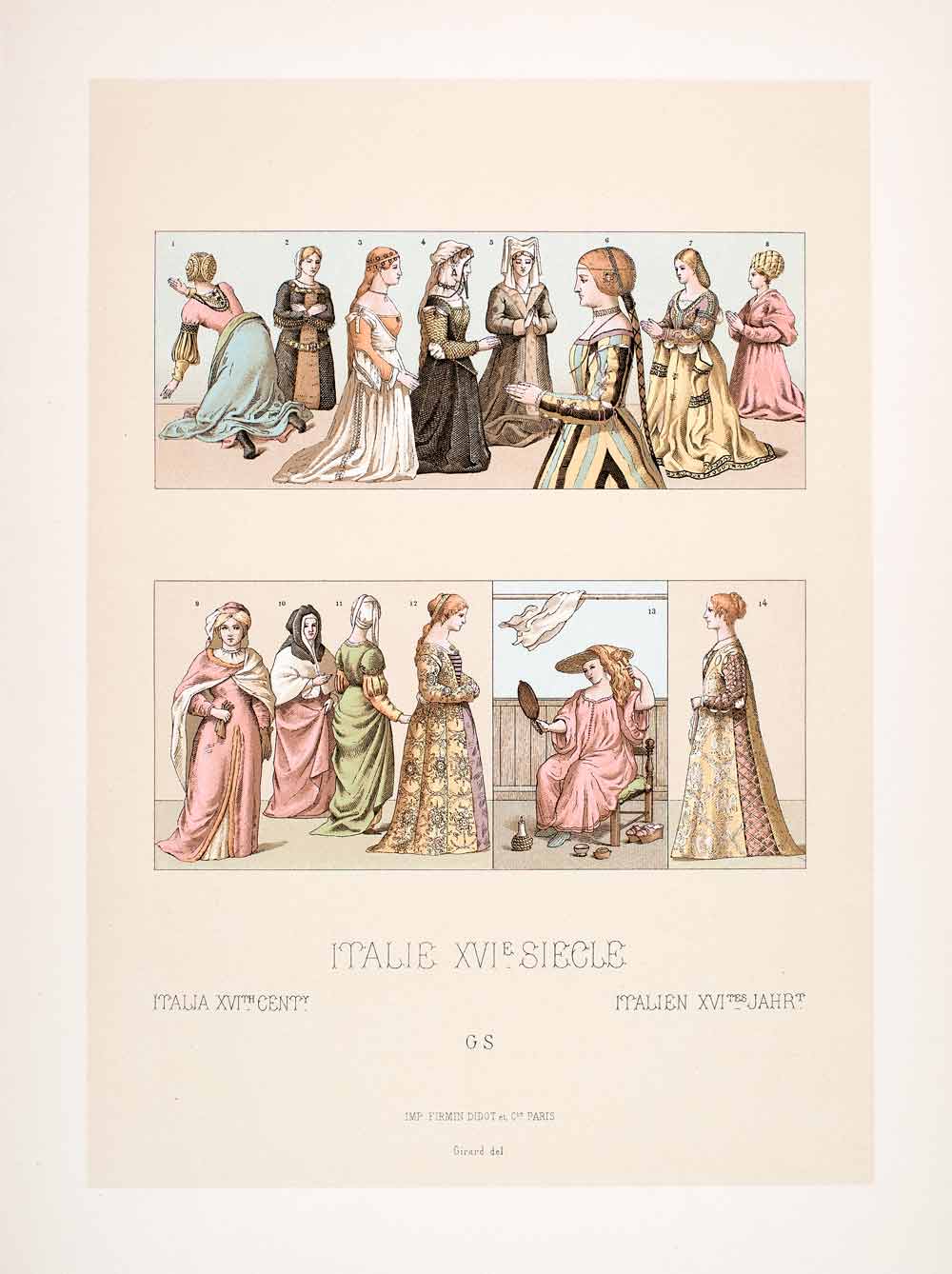 1888 Chromolithograph 16th Century Italy Dress Renaissance Clothing Fashion LCH3