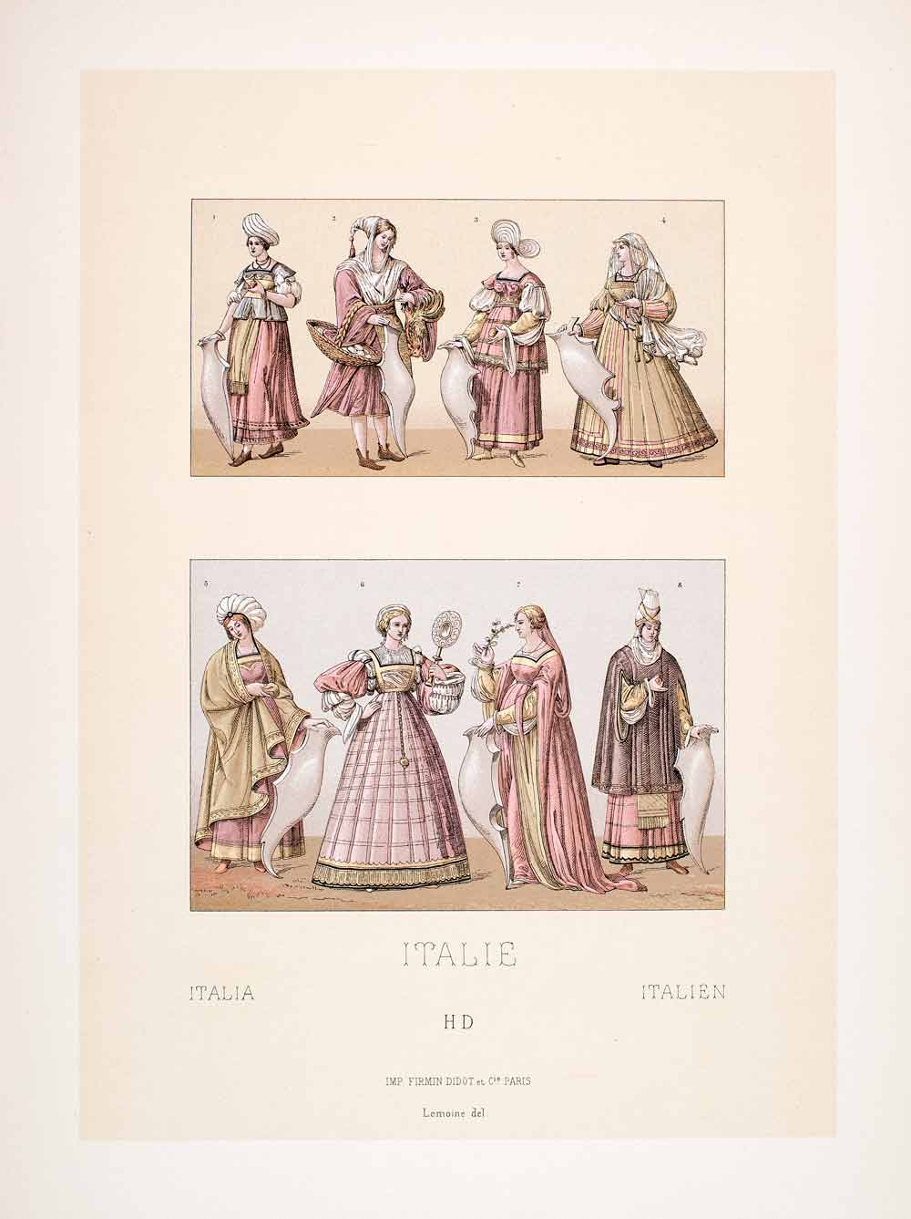 1888 Chromolithograph Fashion Italy 16th Century Renaissance Dress Headgear LCH3