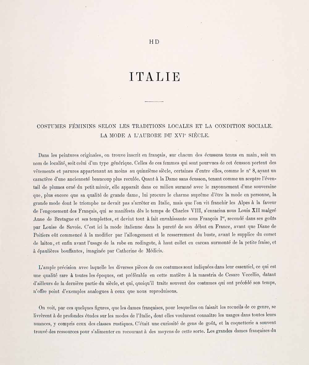 1888 Chromolithograph Fashion Italy 16th Century Renaissance Dress Headgear LCH3