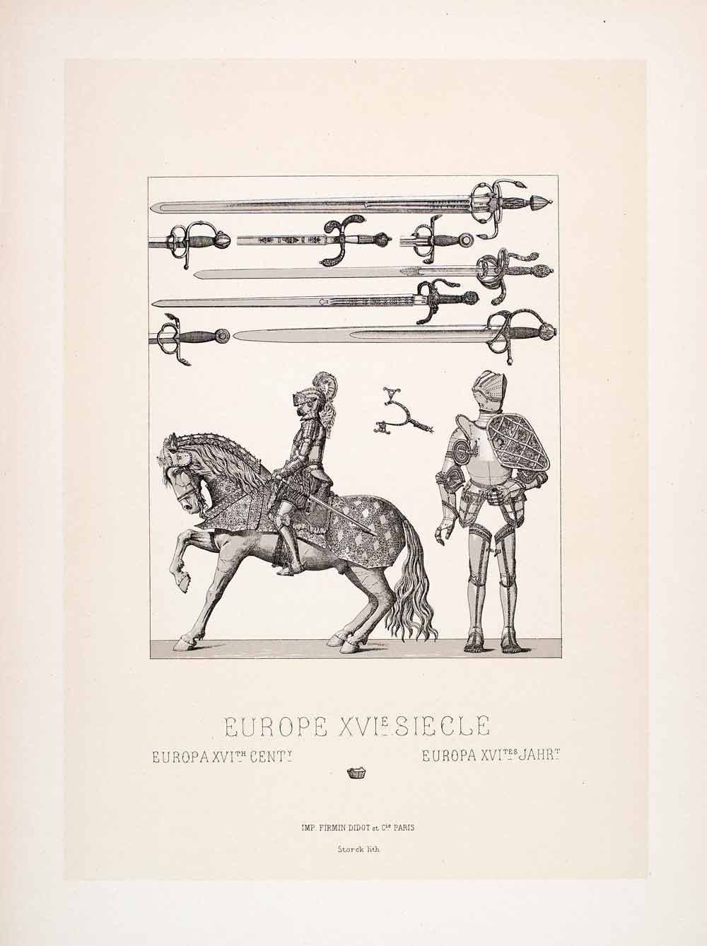 1888 Chromolithograph Spain 16th Century Knight Horse Sword Hilt Armor LCH3