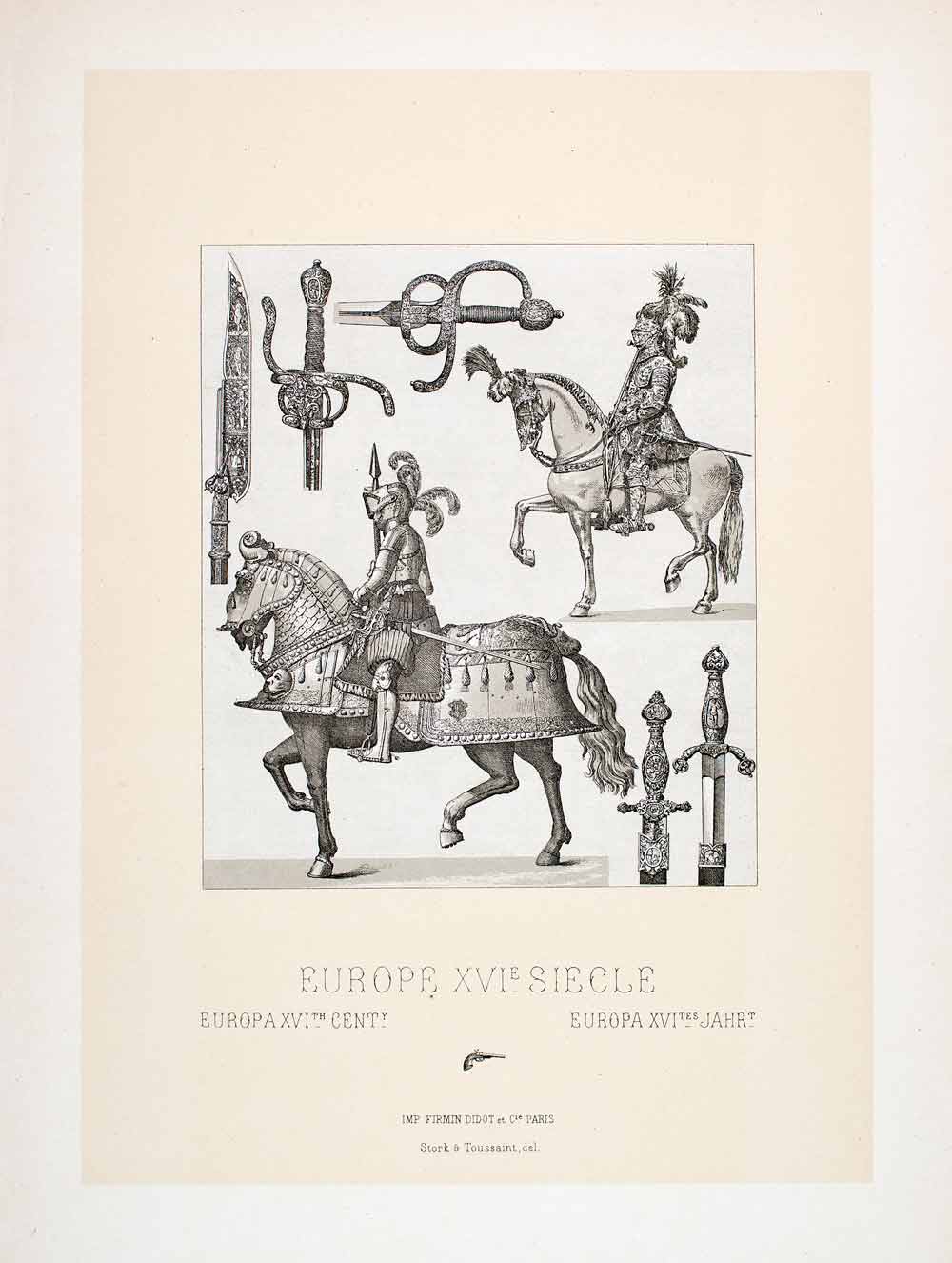 1888 Chromolithograph 16th Century Hilt Sword Knight Armor Harness Horse LCH3