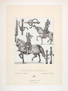 1888 Chromolithograph 16th Century Hilt Sword Knight Armor Harness Horse LCH3