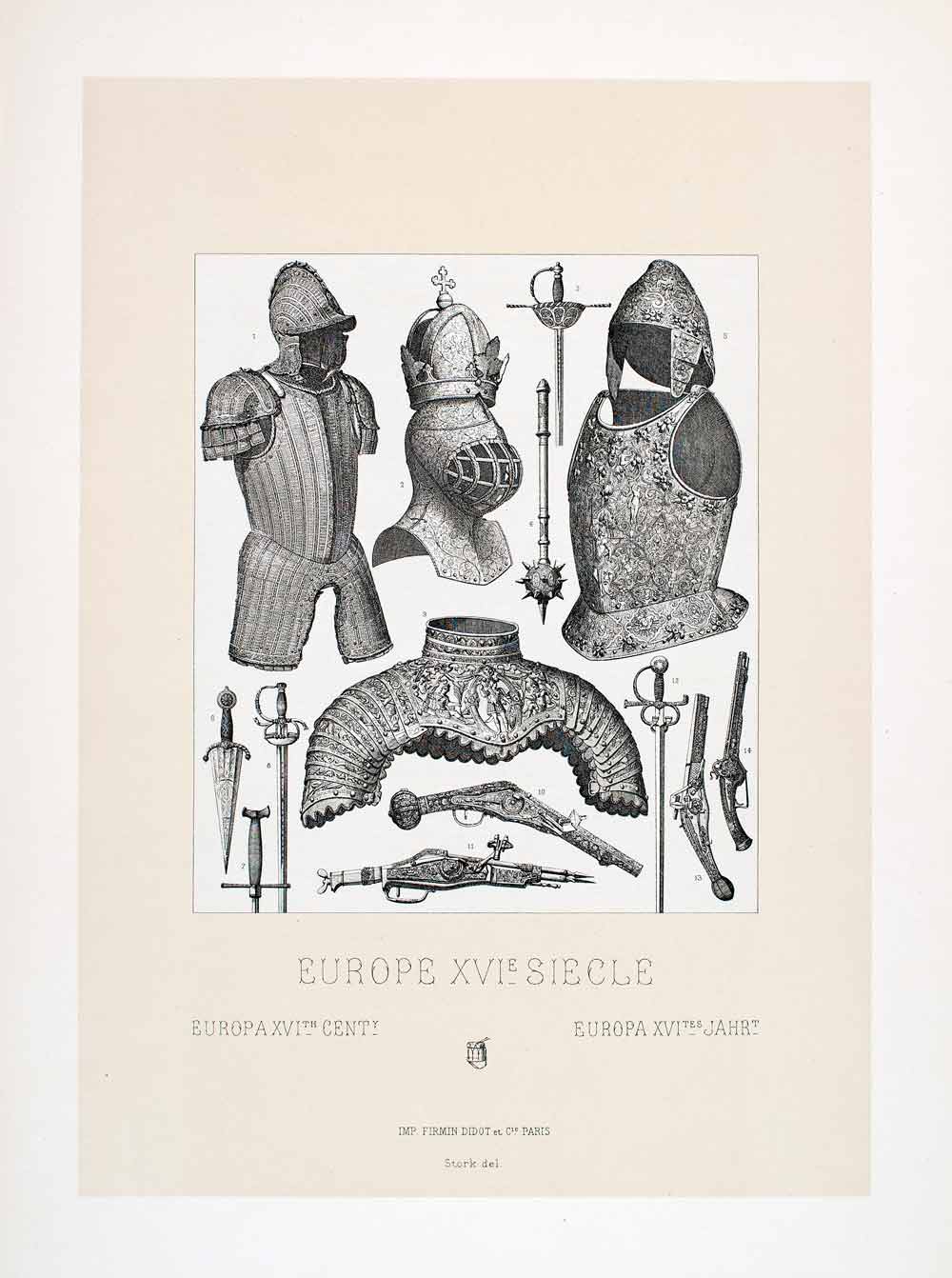 1888 Chromolithograph Military Armor Battleaxe Helmet 16th Century Pistol LCH3