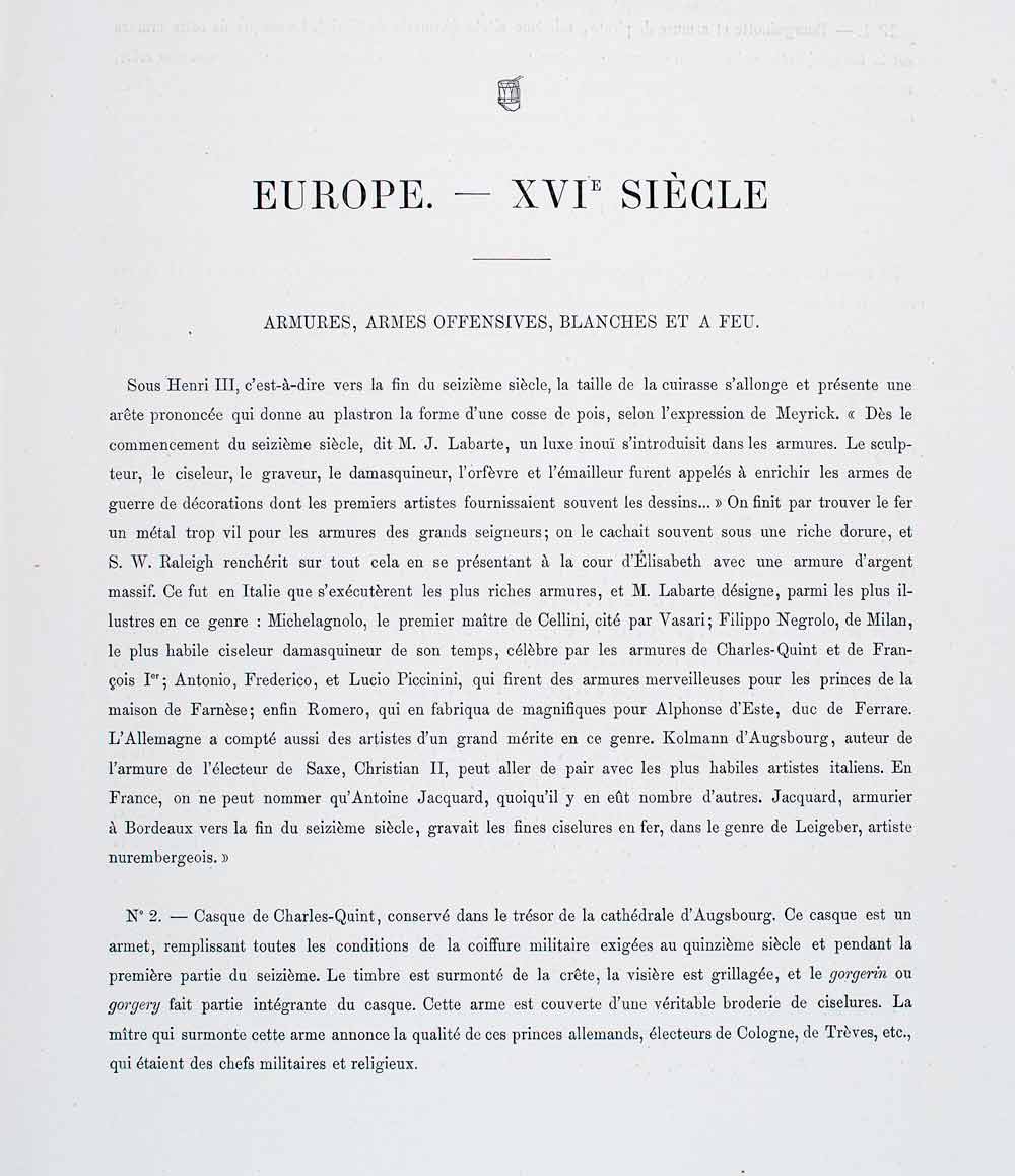 1888 Chromolithograph Military Armor Battleaxe Helmet 16th Century Pistol LCH3