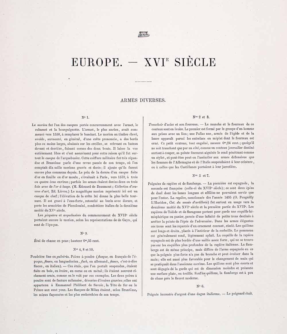 1888 Chromolithograph Morion Dagger Horn Gunpowder Dagger Hilt Sword Weapon LCH3