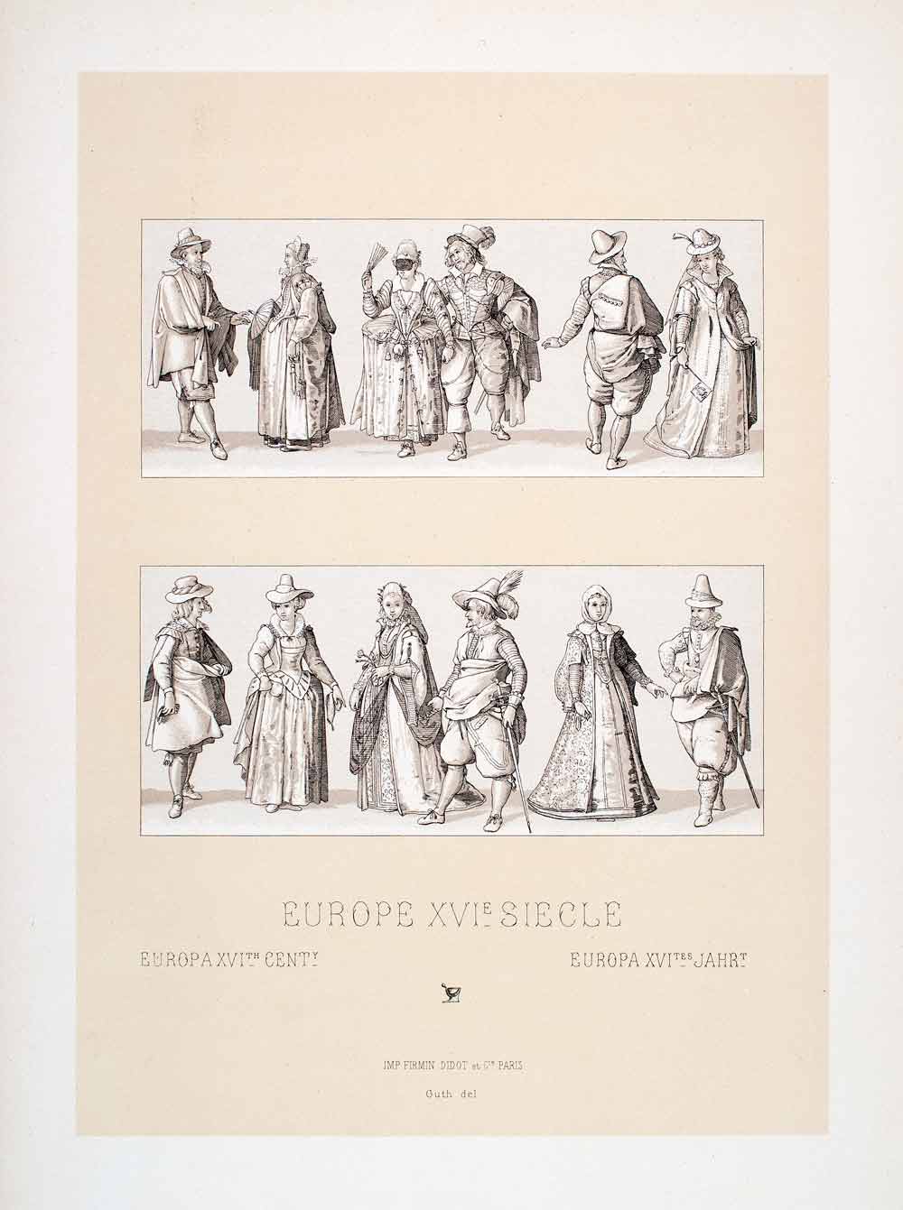 1888 Chromolithograph Traditional Clothing 16th Century Couple Costume LCH3