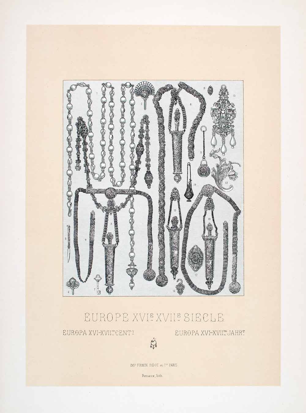 1888 Chromolithograph Historic Jewelry Necklace Brooch Pearl Chain Fashion LCH3