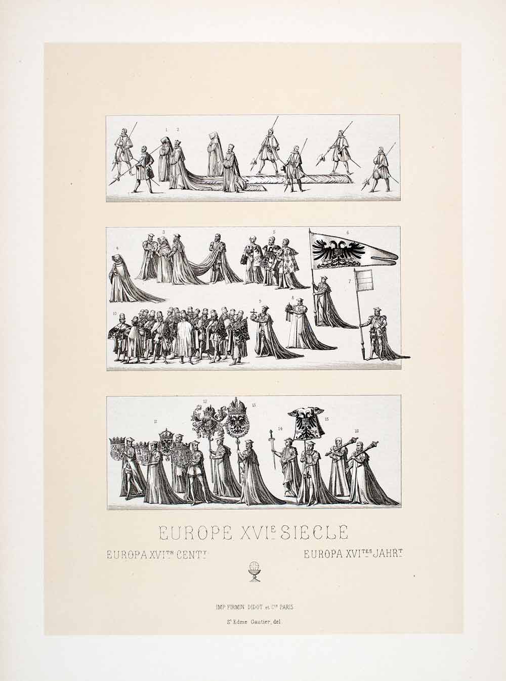 1888 Chromolithograph Funeral 16th Century Procession Tradition Emperor LCH3