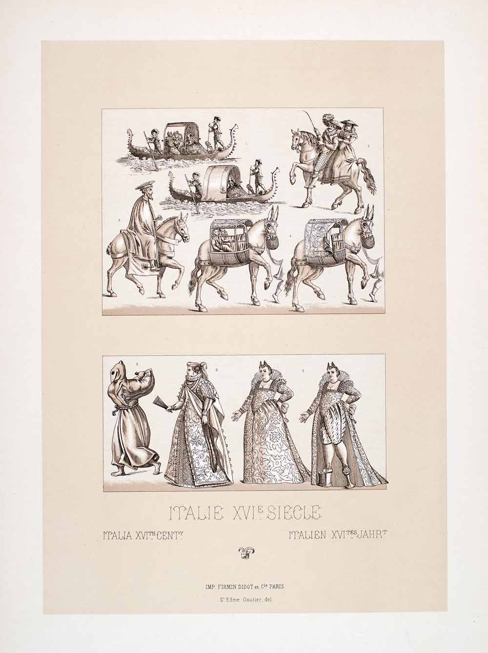 1888 Chromolithograph Italy Gondola 16th Century Costume Platform Heels LCH3