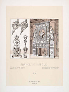1888 Chromolithograph Fontainebleau Fireplace Bellows Andiron Salle LCH3