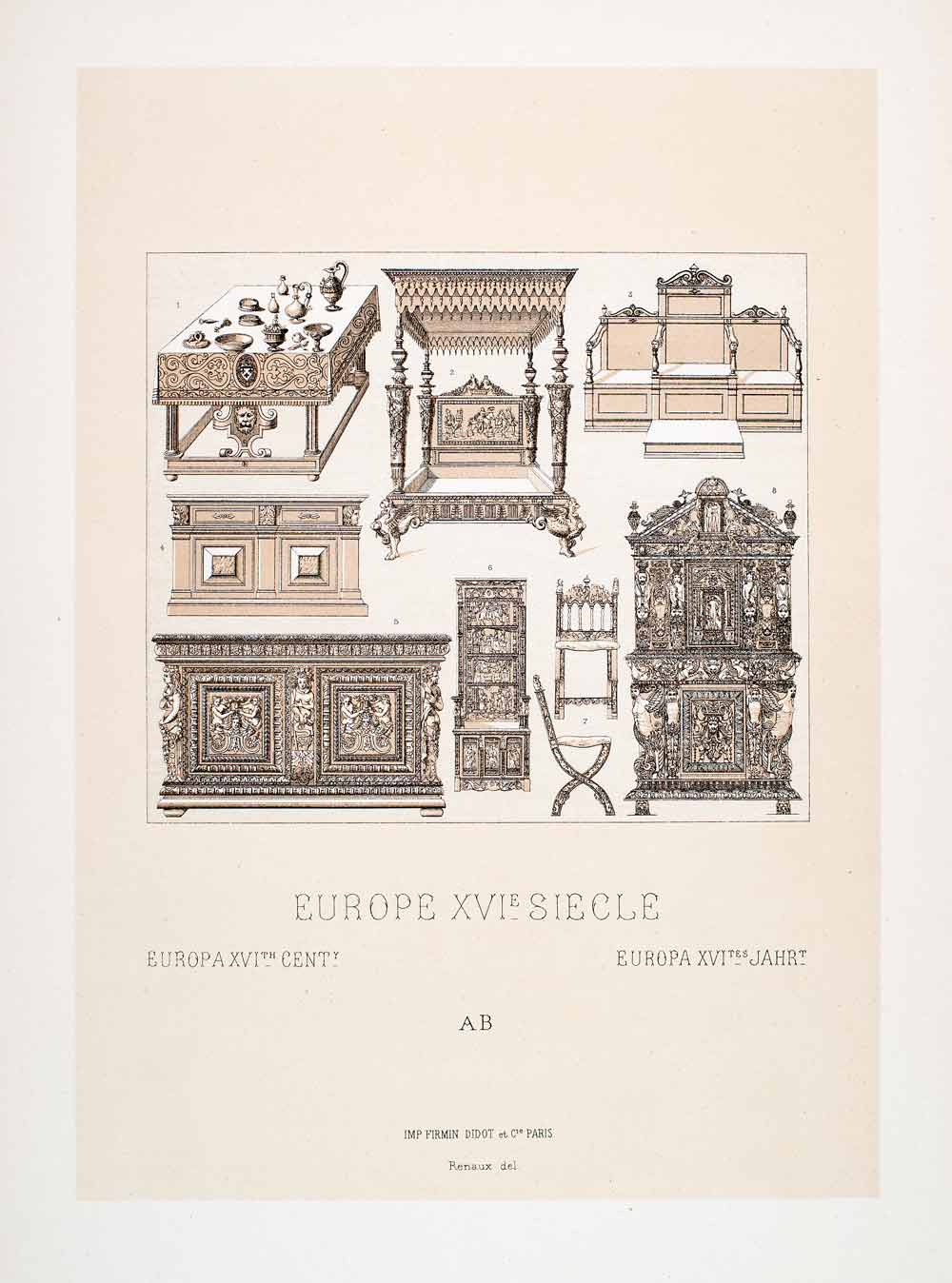 1888 Chromolithograph 16th Century French Furniture Buffet Chair Table LCH3