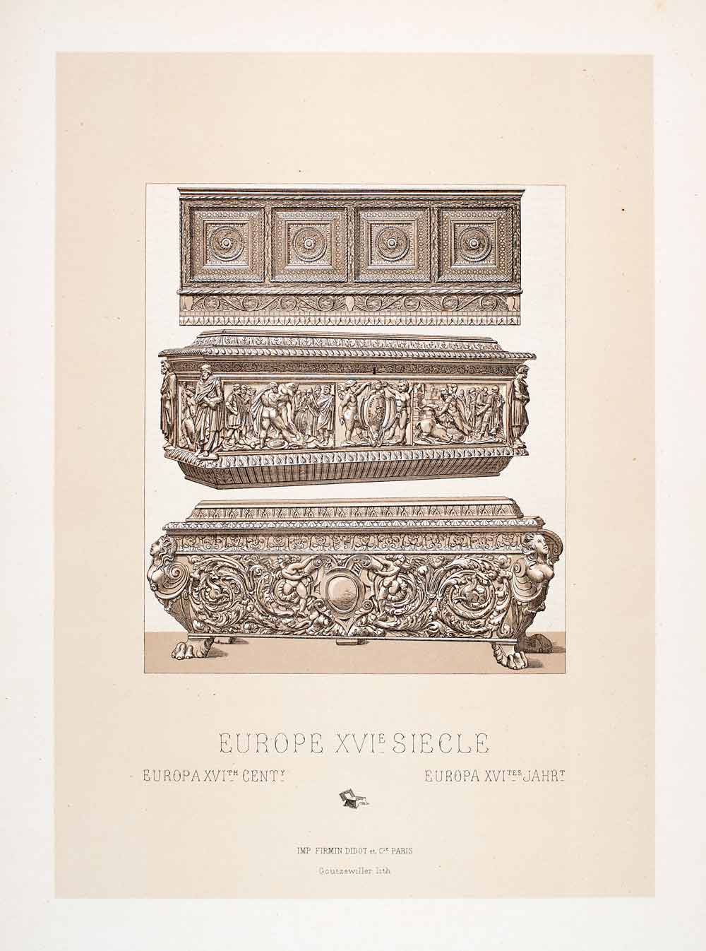 1888 Chromolithograph Hope Chest 16th Century Woodwork Furniture Carved LCH3