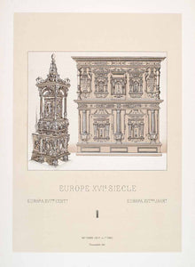 1888 Chromolithograph German Stove 16th Century Decorative Furniture LCH3