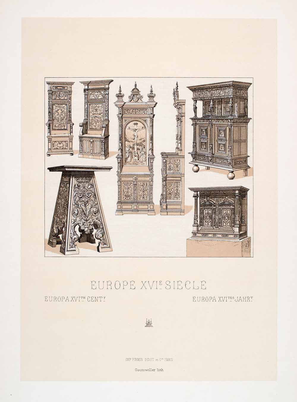 1888 Chromolithograph 16th Century Chair Stool Prie-Dieu Cabinet Furniture LCH3