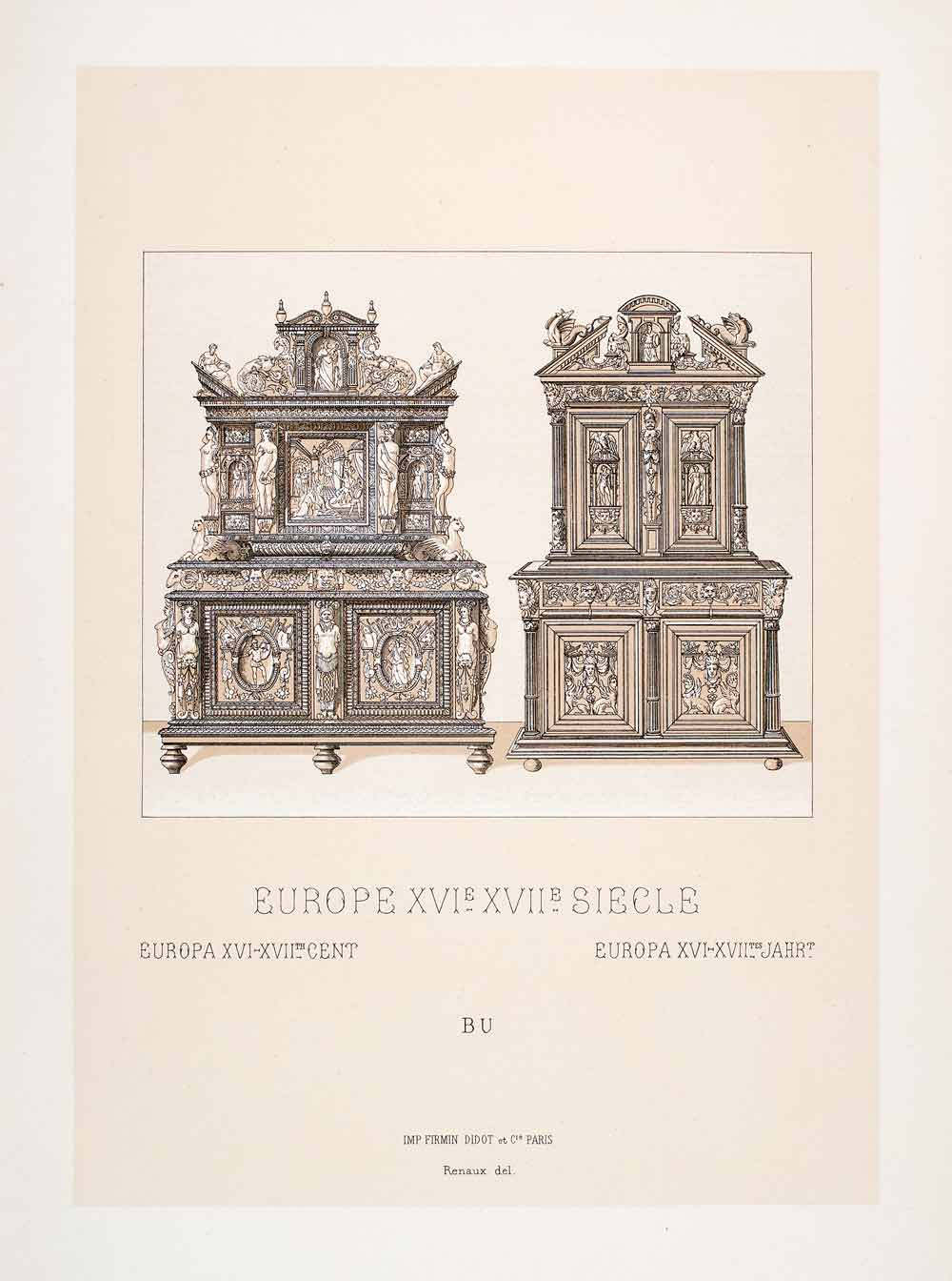 1888 Chromolithograph 16th 17th Century Furniture Design Dresser Cabinet LCH4