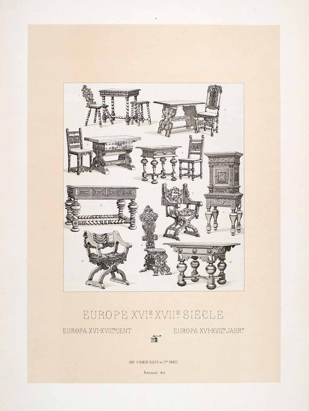 1888 Chromolithograph Furniture 16th 17th Century Table Chair Chest Stool LCH4