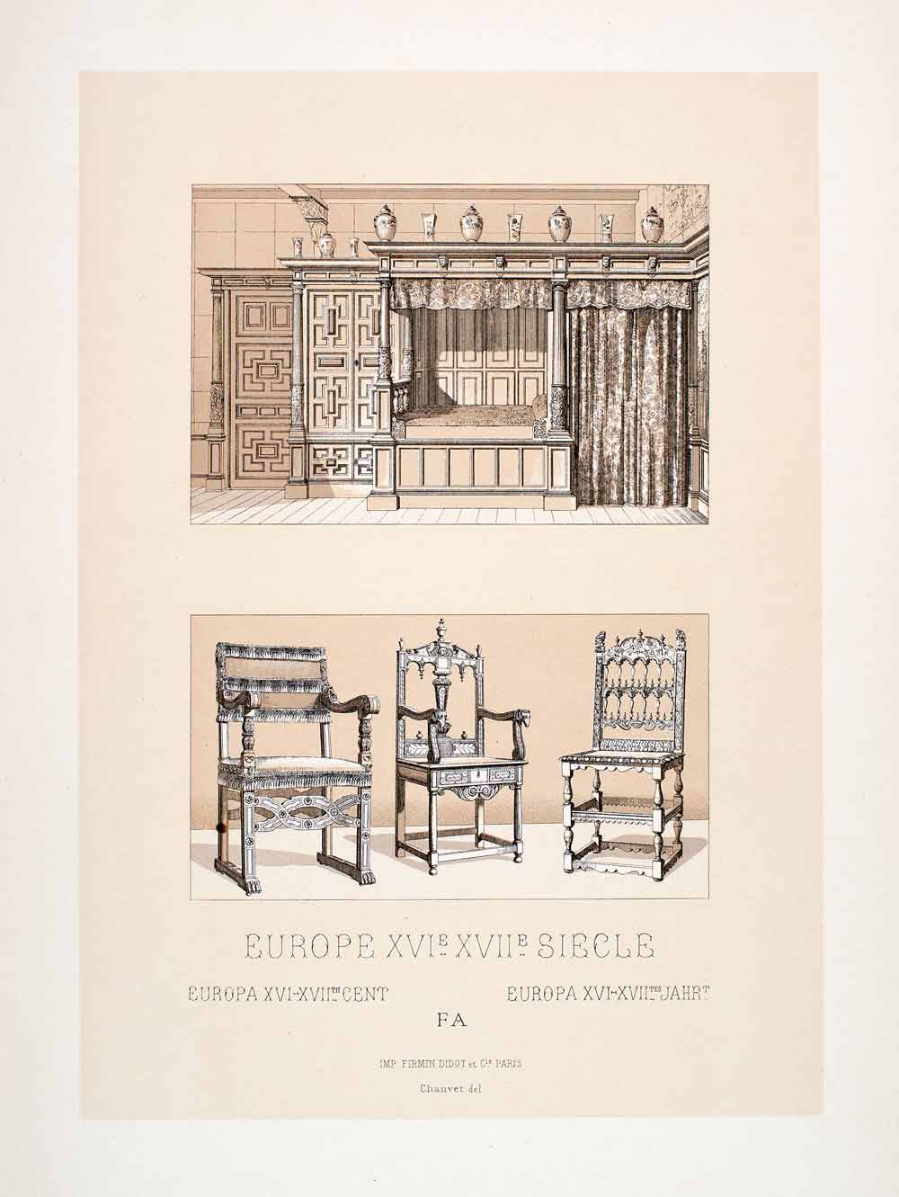 1888 Chromolithograph 17th Century Furniture Bedroom Chair Costume Dress LCH4