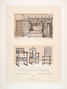 1888 Chromolithograph 17th Century Furniture Bedroom Chair Costume Dress LCH4