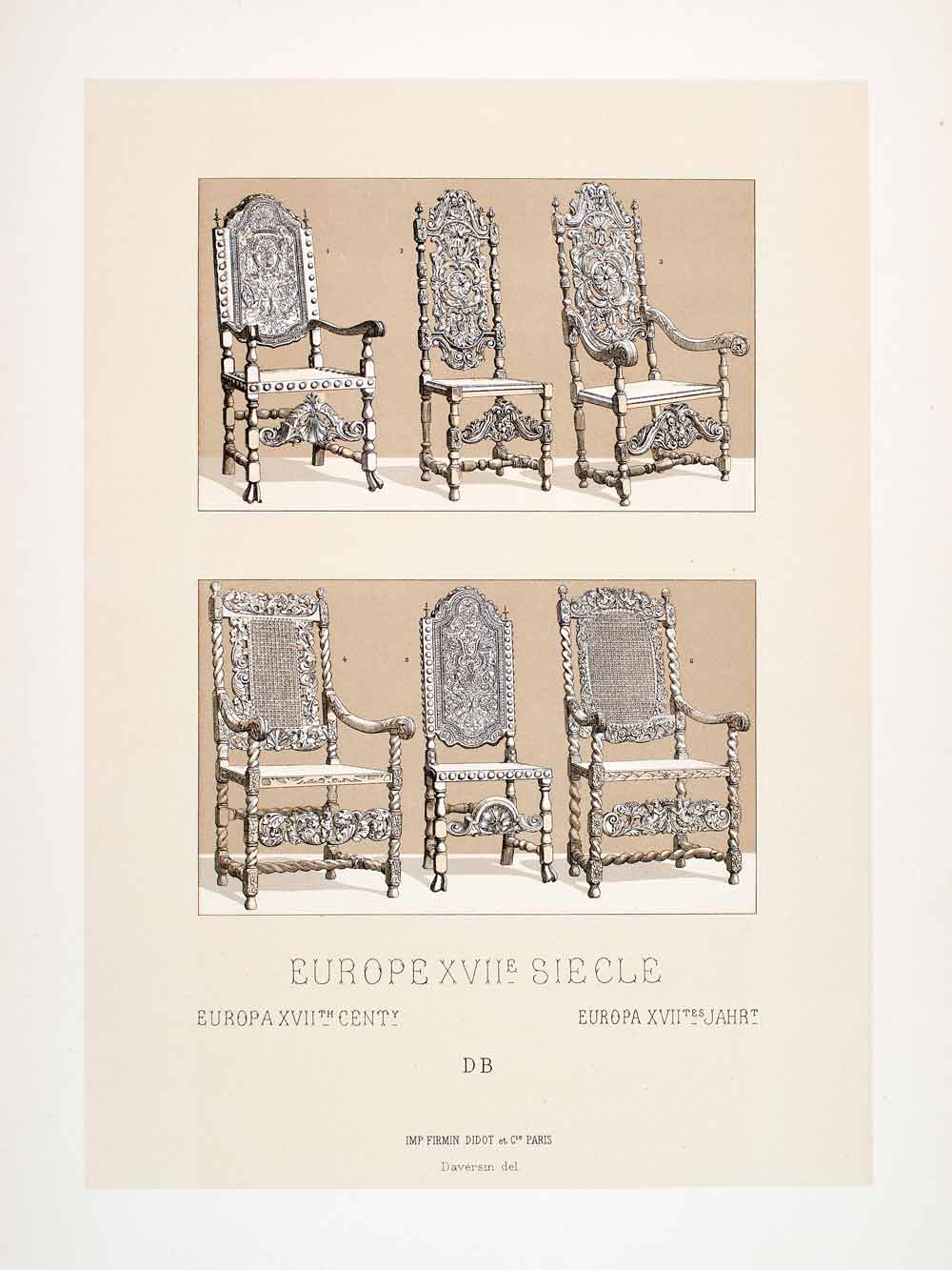 1888 Chromolithograph 17th Century Chair Furniture Europe Carpentry Carved LCH4