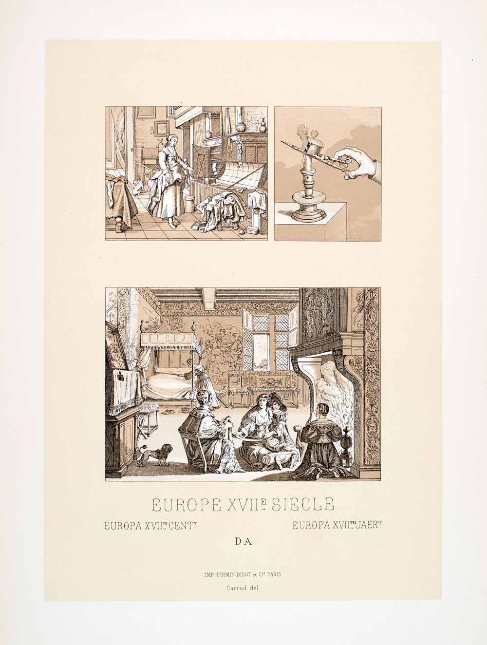 1888 Chromolithograph Louis Bedroom Fireplace Chest Interior Costume LCH4