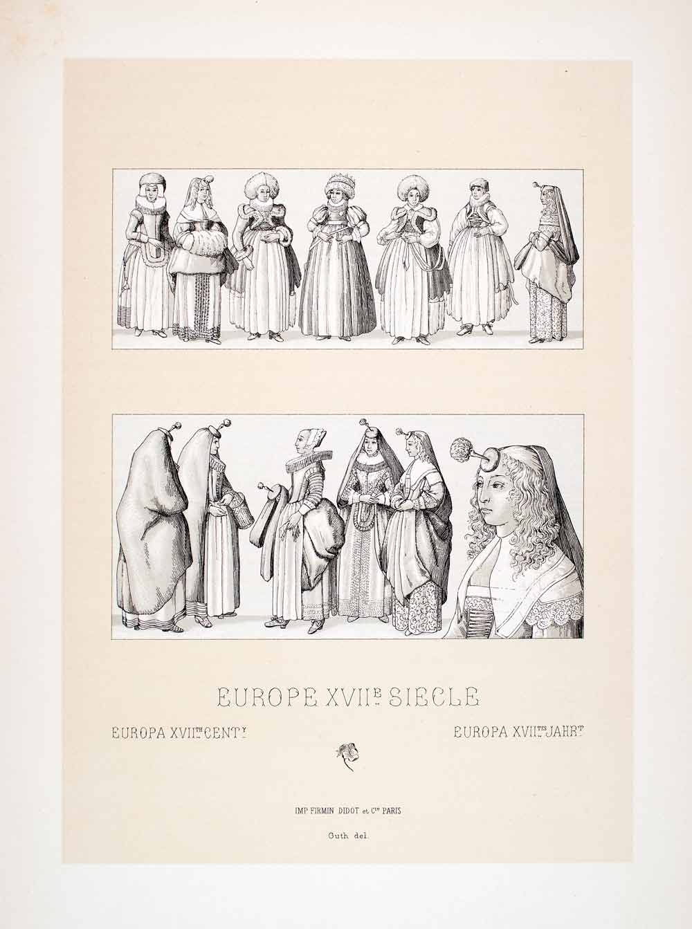 1888 Chromolithograph 17th Century Costume Hoop Skirt Fashion Huiken Crest LCH4