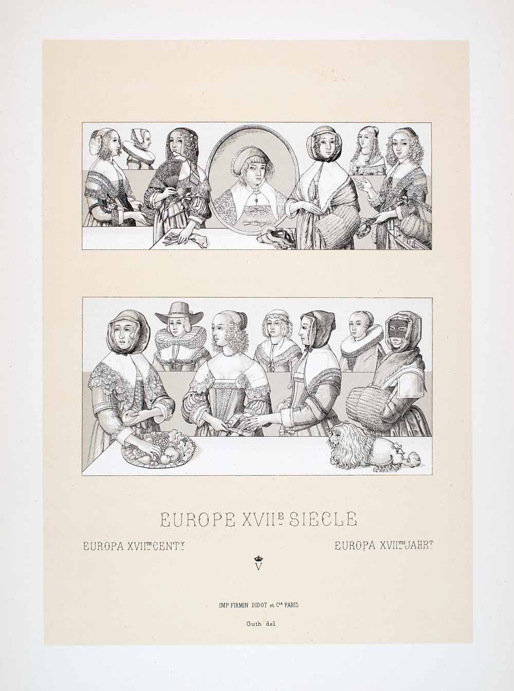 1888 Chromolithograph 17th Century Costume Hoop Skirt Fashion Huiken Crest LCH4