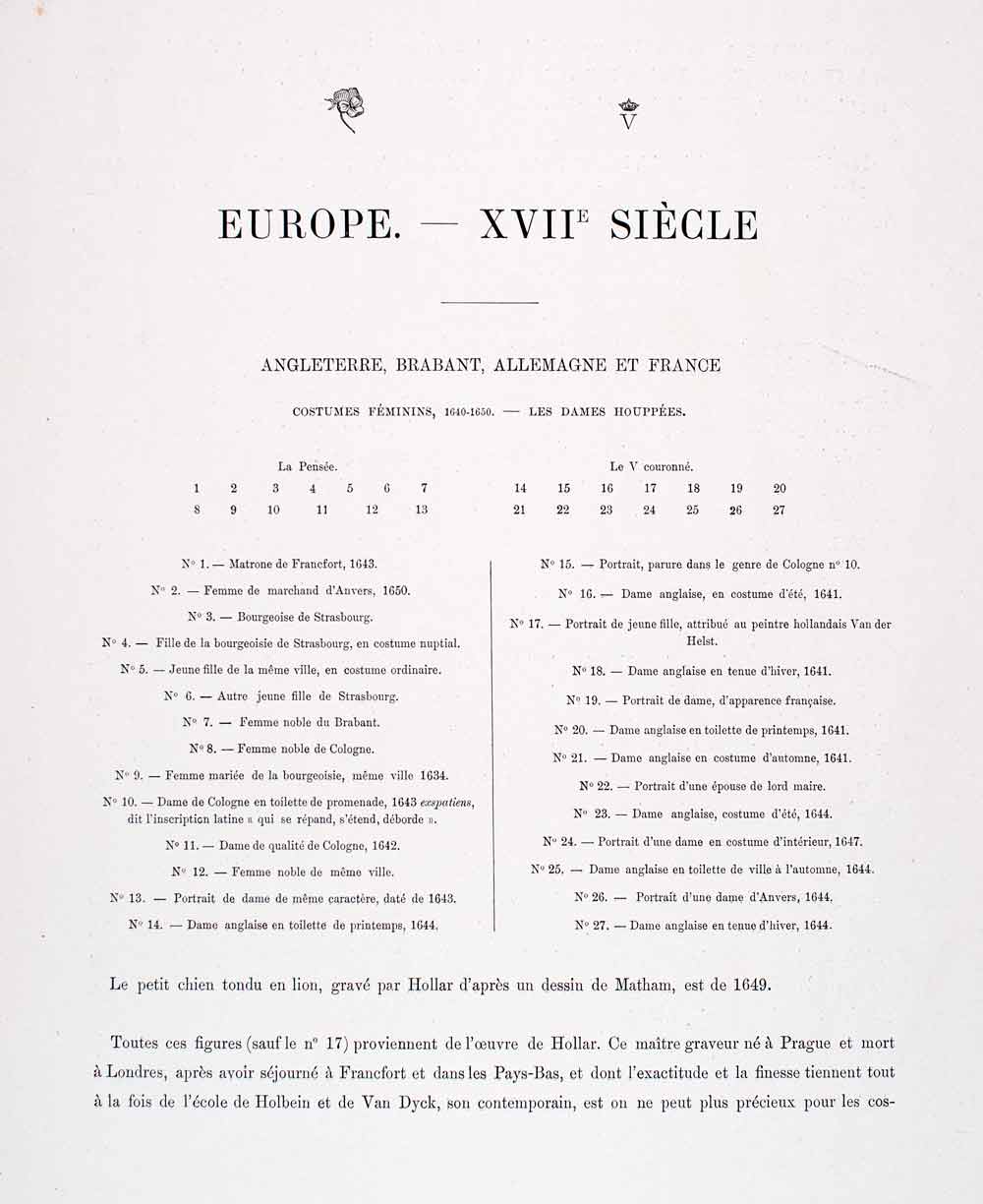 1888 Chromolithograph 17th Century Costume Hoop Skirt Fashion Huiken Crest LCH4