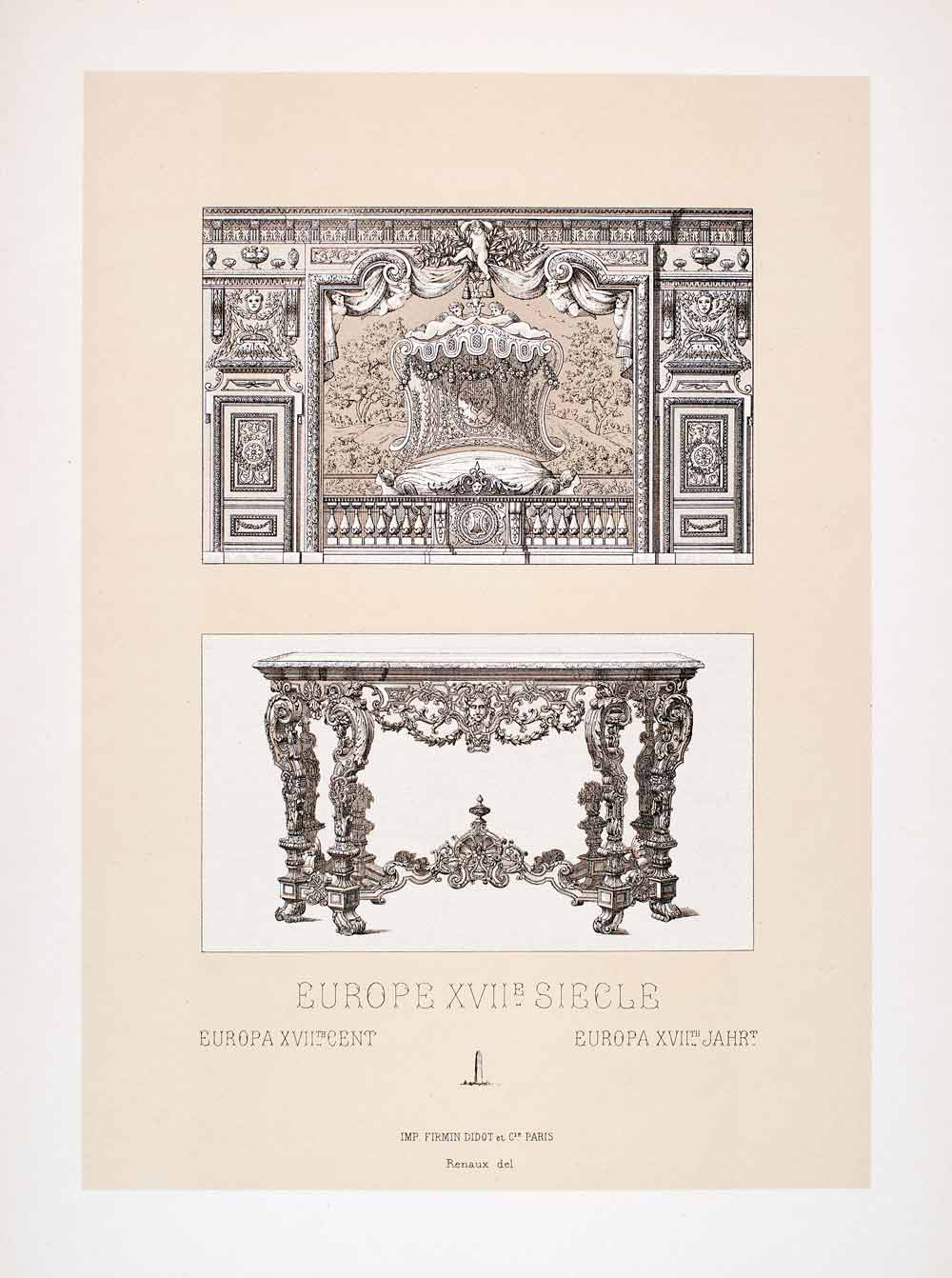 1888 Chromolithograph Bedchamber 17th Century Furniture Baroque Rococo LCH4
